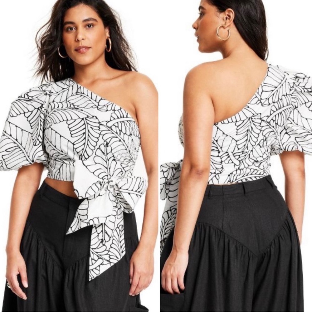 Fe Noel Target Floral Print One Shoulder Puff Sleeve Cropped Top w/ Tie Front